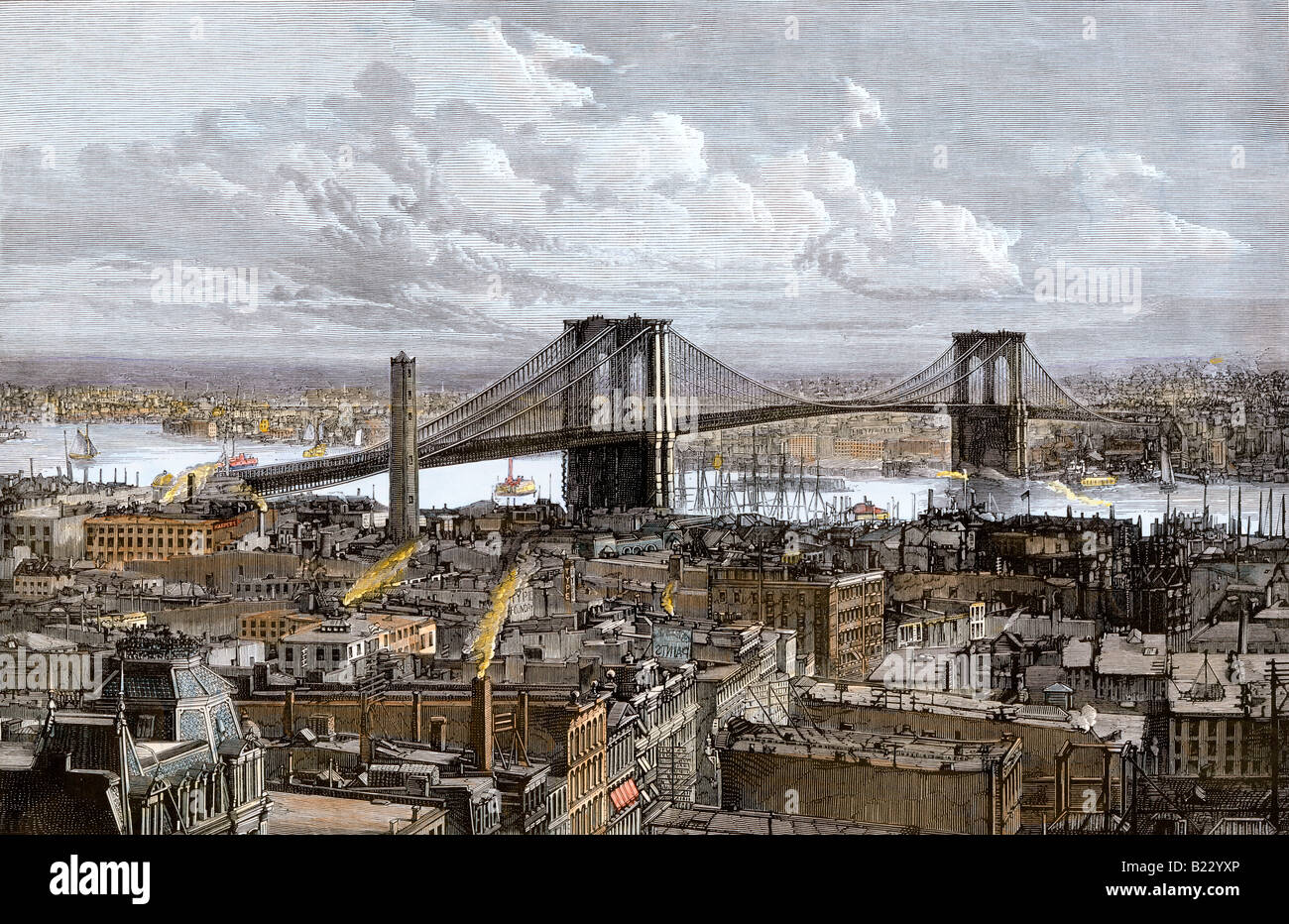 El nuevo puente de Brooklyn sobre el East River de Nueva York de 1883. Xilografía coloreada a mano Foto de stock