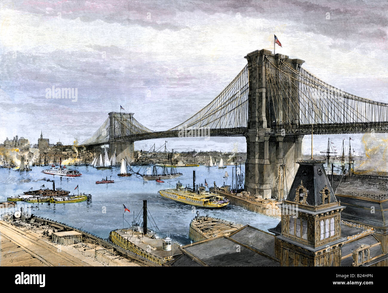 Puente de Brooklyn sobre el East River mirando hacia Manhattan 1883. Xilografía coloreada a mano Foto de stock