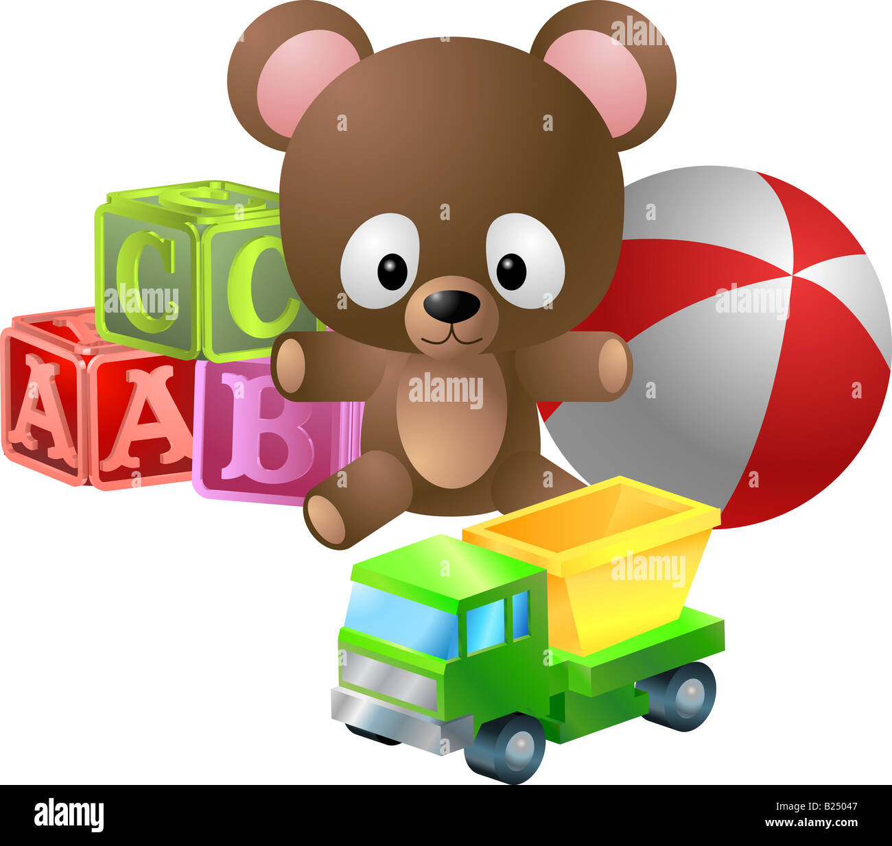 Juguetes ilustración. Una ilustración clásica de juguetes infantiles; oso, bloques de letras, la bola y el juguete camión volquete Foto de stock