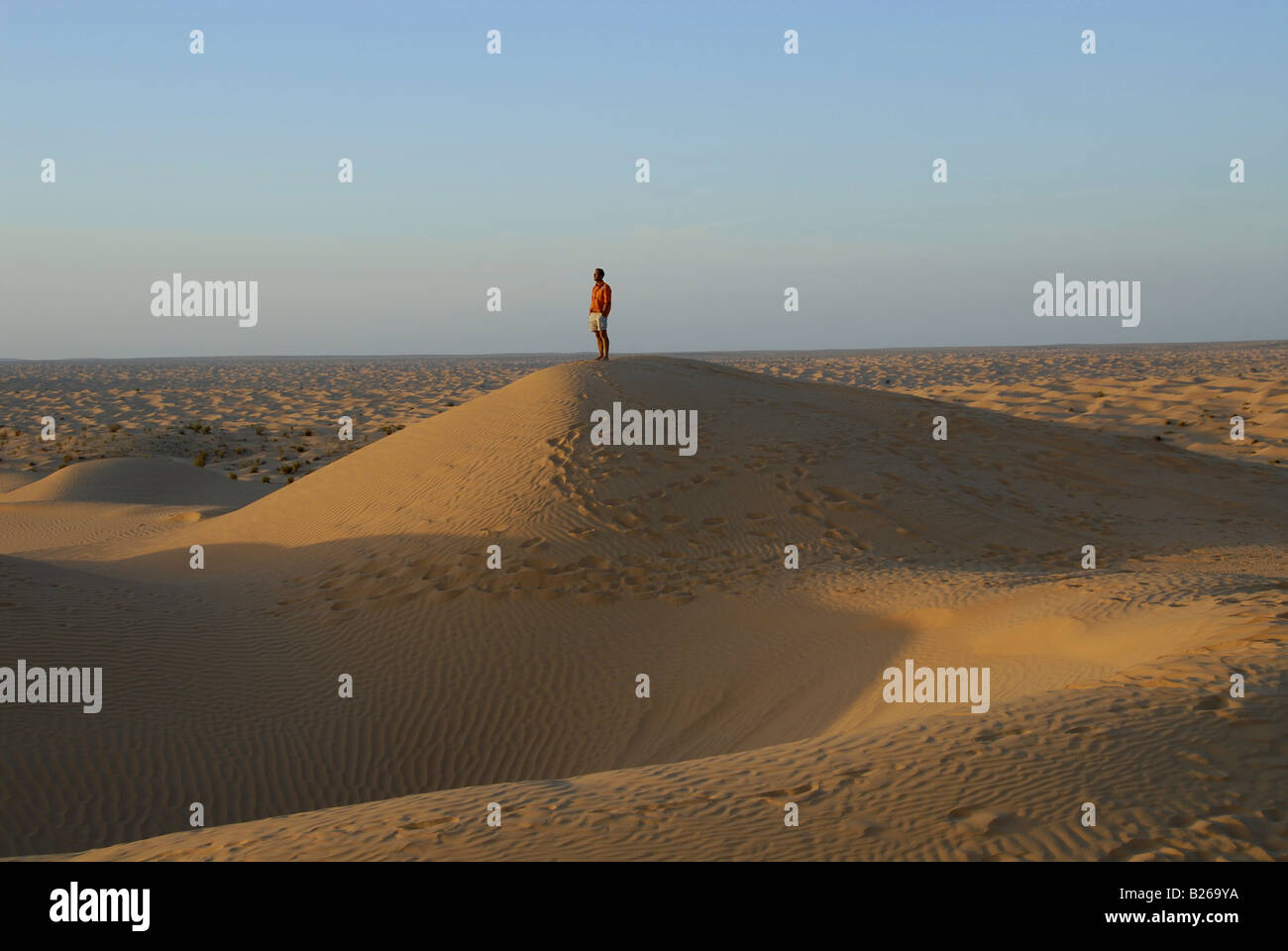 Hombre de pie en lo alto de una duna de arena, todoterreno 4x4 Tour del desierto del Sáhara, Bebel Tembain zona, Sahara, Túnez, África, Sr. Foto de stock
