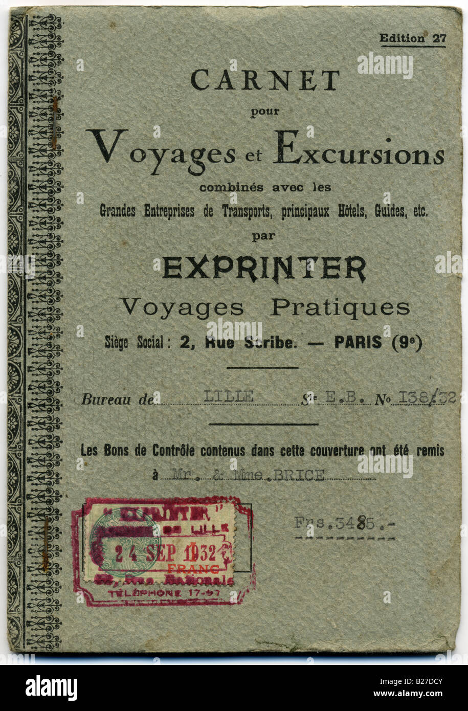 French Travel ticket de Lille con sello de fecha de 1932, en Lille, Francia, 1932 Foto de stock