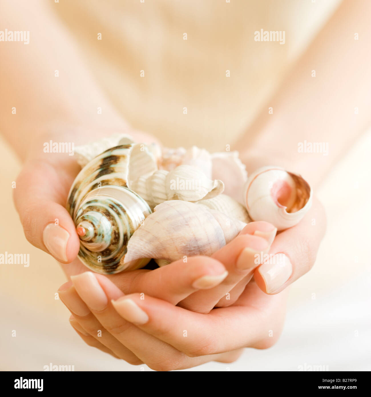 Mujer sosteniendo puñado de conchas Foto de stock