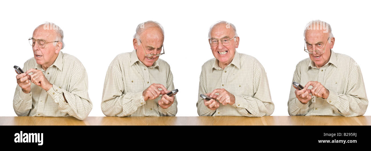 Una secuencia compuesta de un anciano frustrado intentando texto o utilizar el teléfono móvil con los pequeños botones y números. Foto de stock