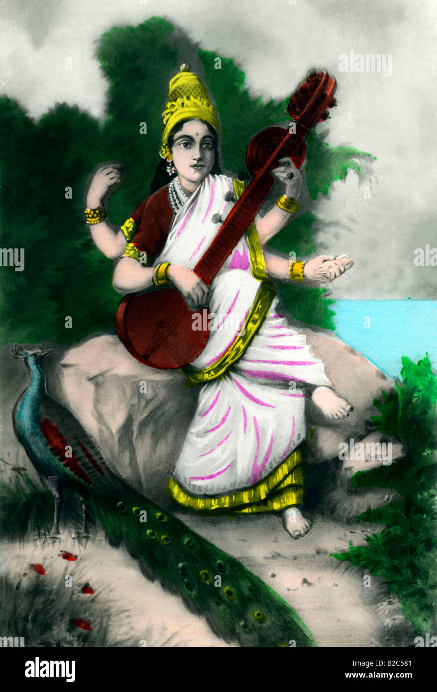 Imagen de Saraswati, diosa hindú, imagen histórica de alrededor de 1910 Foto de stock