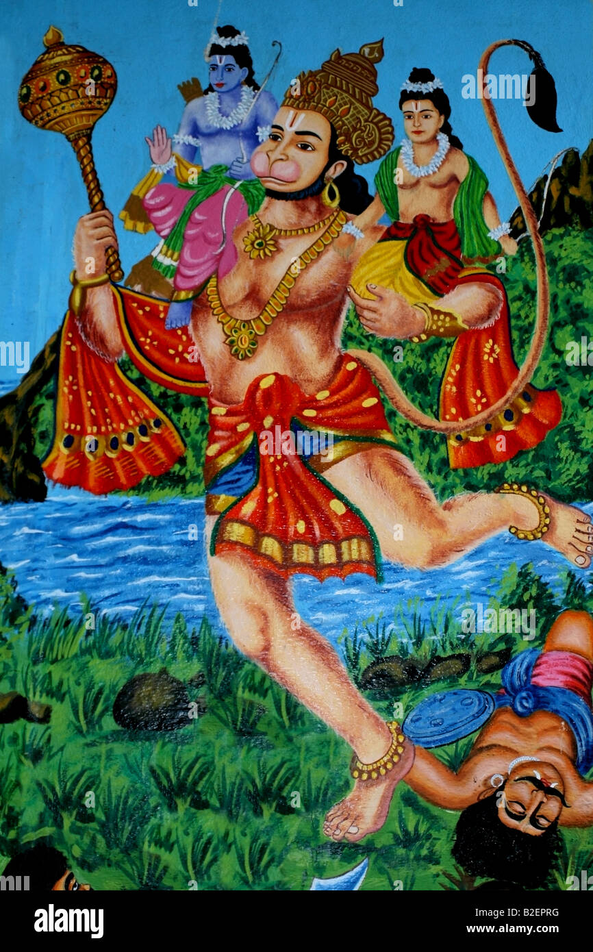 Mural en una pared del templo hindú representando Hanuman llevando Rama y Sita, escena de la épica hindú Ramayana, India Foto de stock