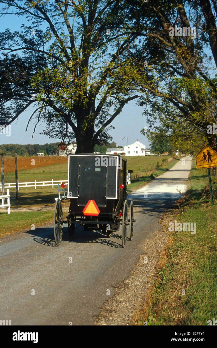 INDIANA Nappanee amish buggy sobre un carril país rural carretera cruce escolar firmar visto desde atrás Foto de stock