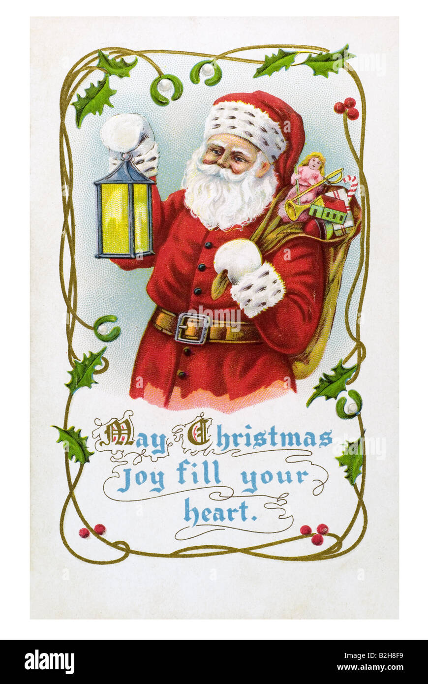 Motivo de postal antiguo Padre de Navidad roja y blanca barba vestido rojo cap guantes con la luminaria y el saco lleno de regalos Foto de stock