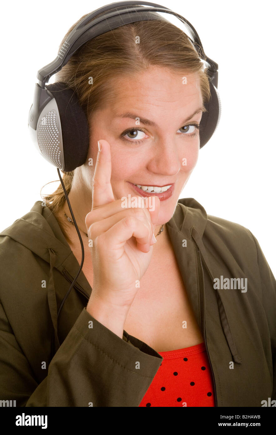 Mujer encantado oír música auriculares de audio hi-fi diskjockey dj musical pop music entertainment Foto de stock
