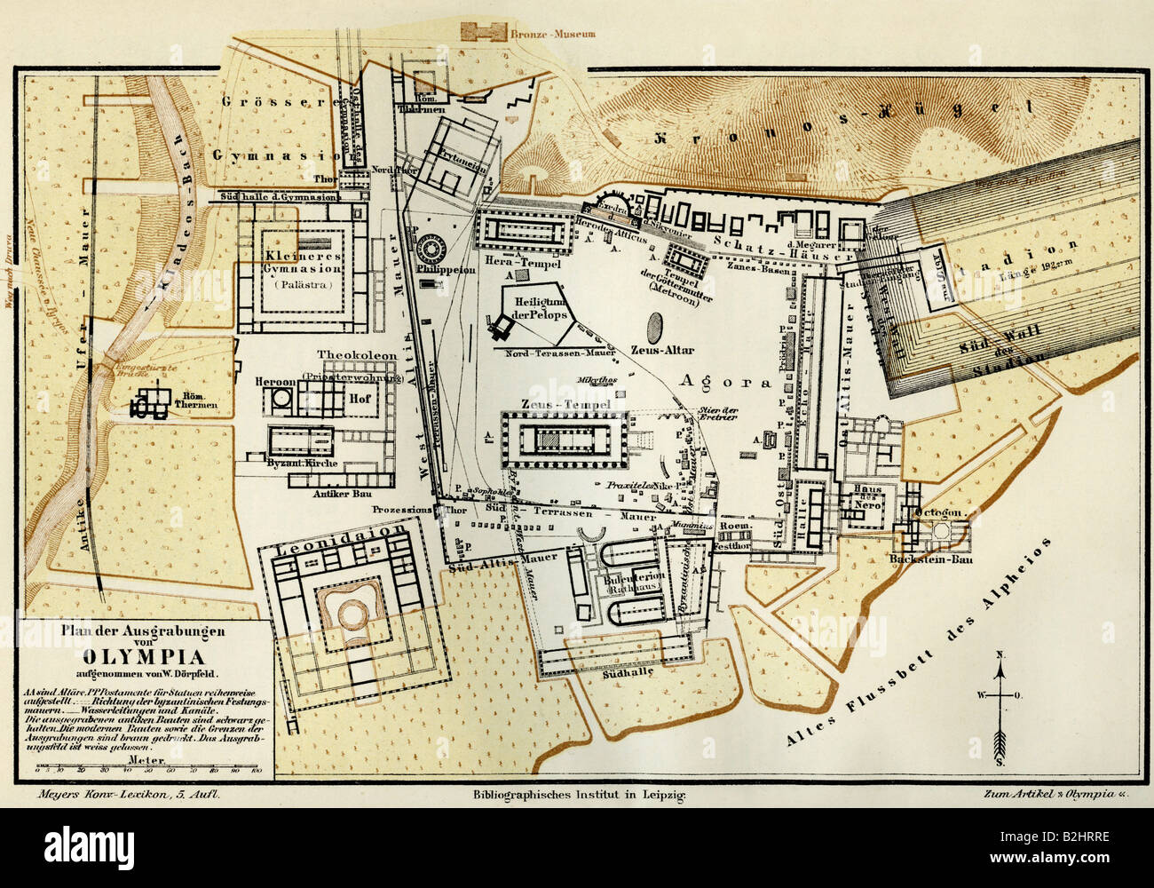 Geografía / viajes, Grecia, Olimpia, mapa de excavaciones, litografía en color, Meyers Encyclopedia, 1896, Foto de stock
