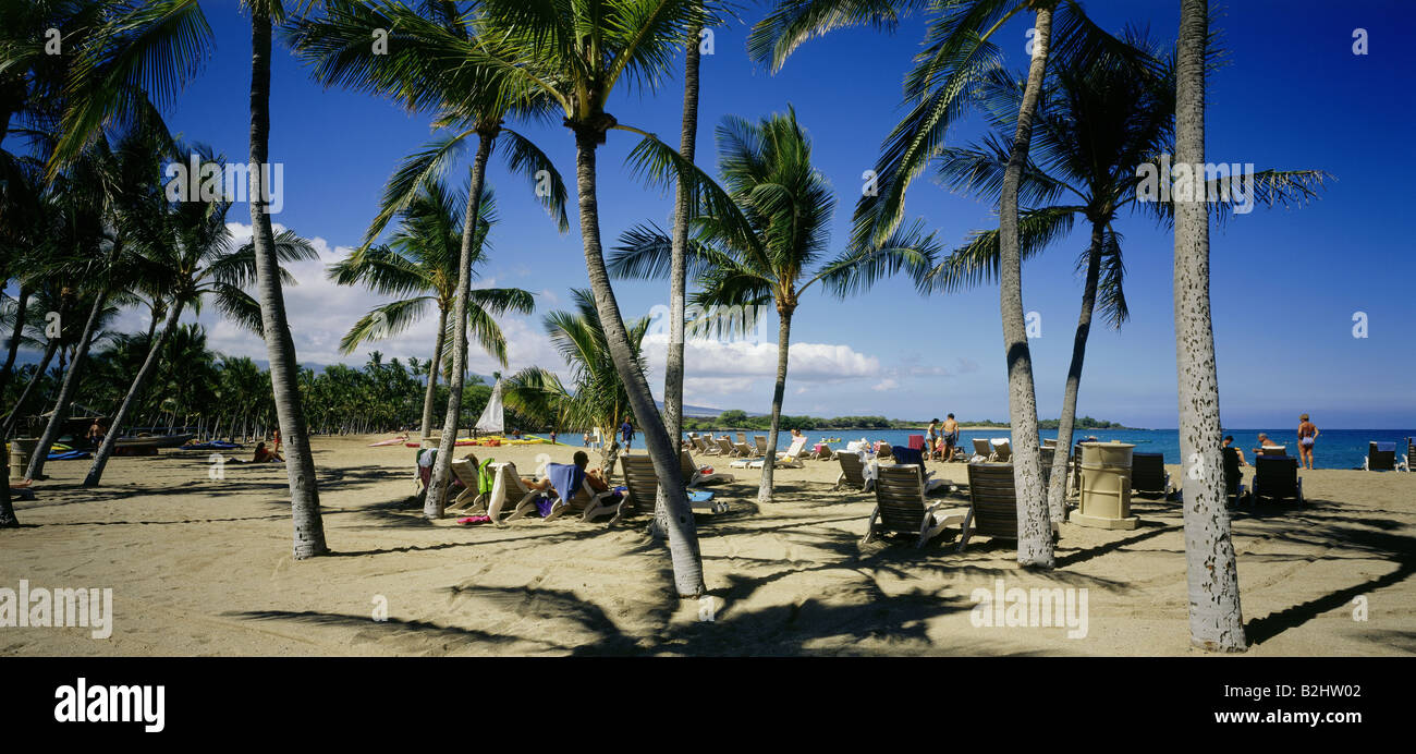 Geografía / viajes, Estados Unidos, Hawaii, isla Hawaii, playa con palmeras cerca del Hotel The Royal Waikoloan, vista panorámica, , Foto de stock