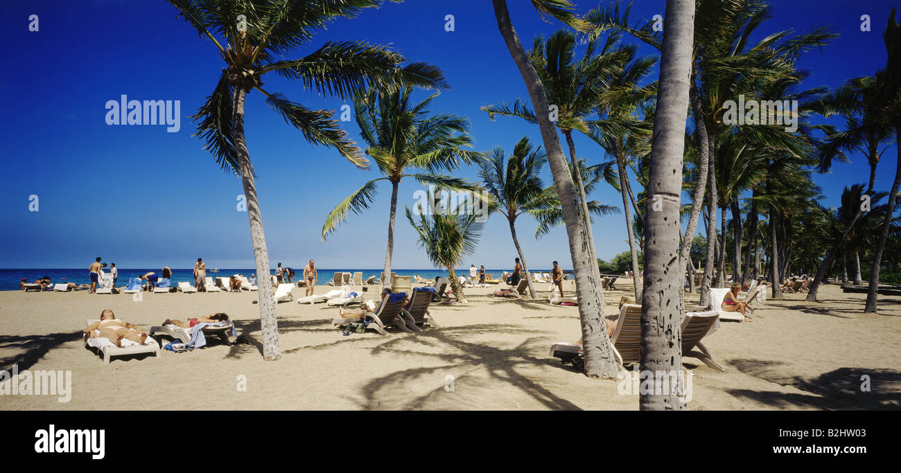 Geografía / viajes, Estados Unidos, Hawaii, isla Hawaii, playa con palmeras cerca del Hotel The Royal Waikoloan, vista panorámica, , Foto de stock