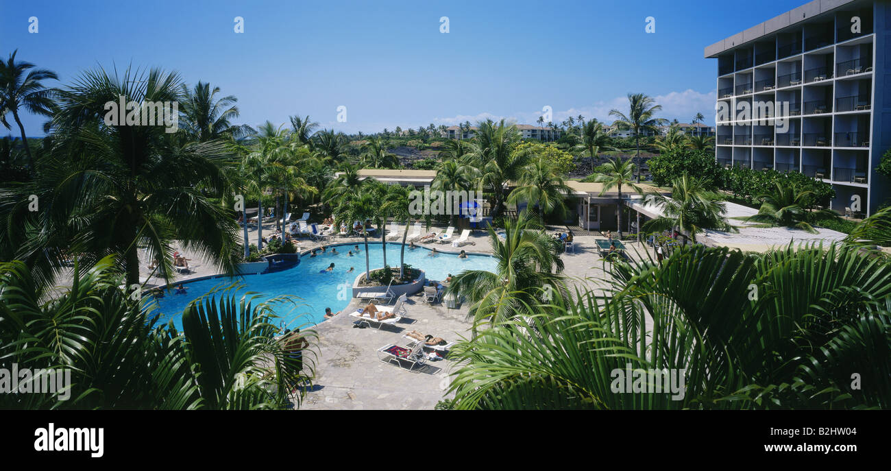 Geografía / viajes, Estados Unidos, Hawaii, isla Hawaii, piscina y parque del Hotel The Royal Waikoloan, vistas panorámicas, palmeras, , Foto de stock