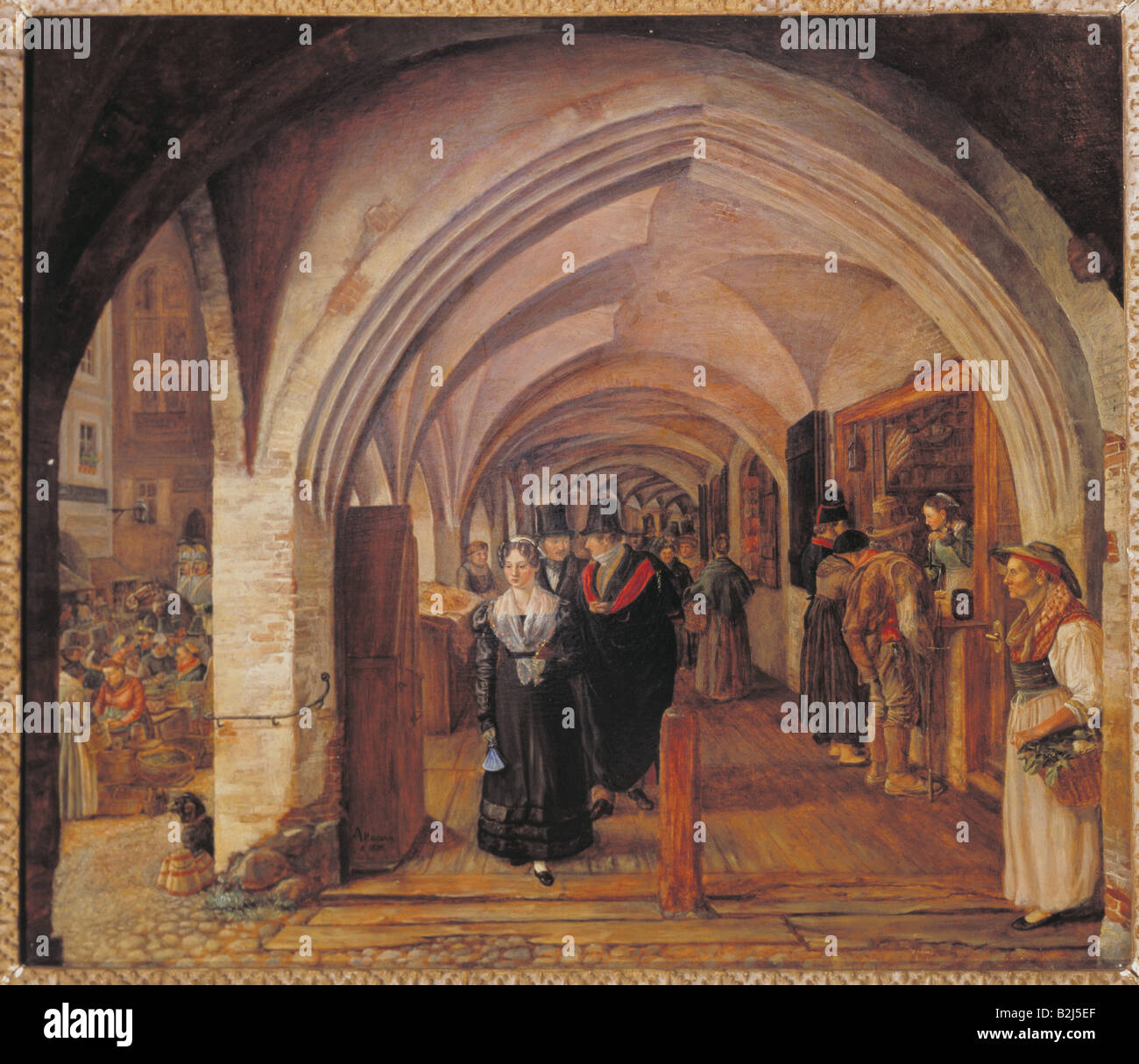 Geografía / viajes, Alemania, Munich, Kaufingerstraße, arcade, pintura, óleo sobre lienzo, alrededor de 1850, Foto de stock