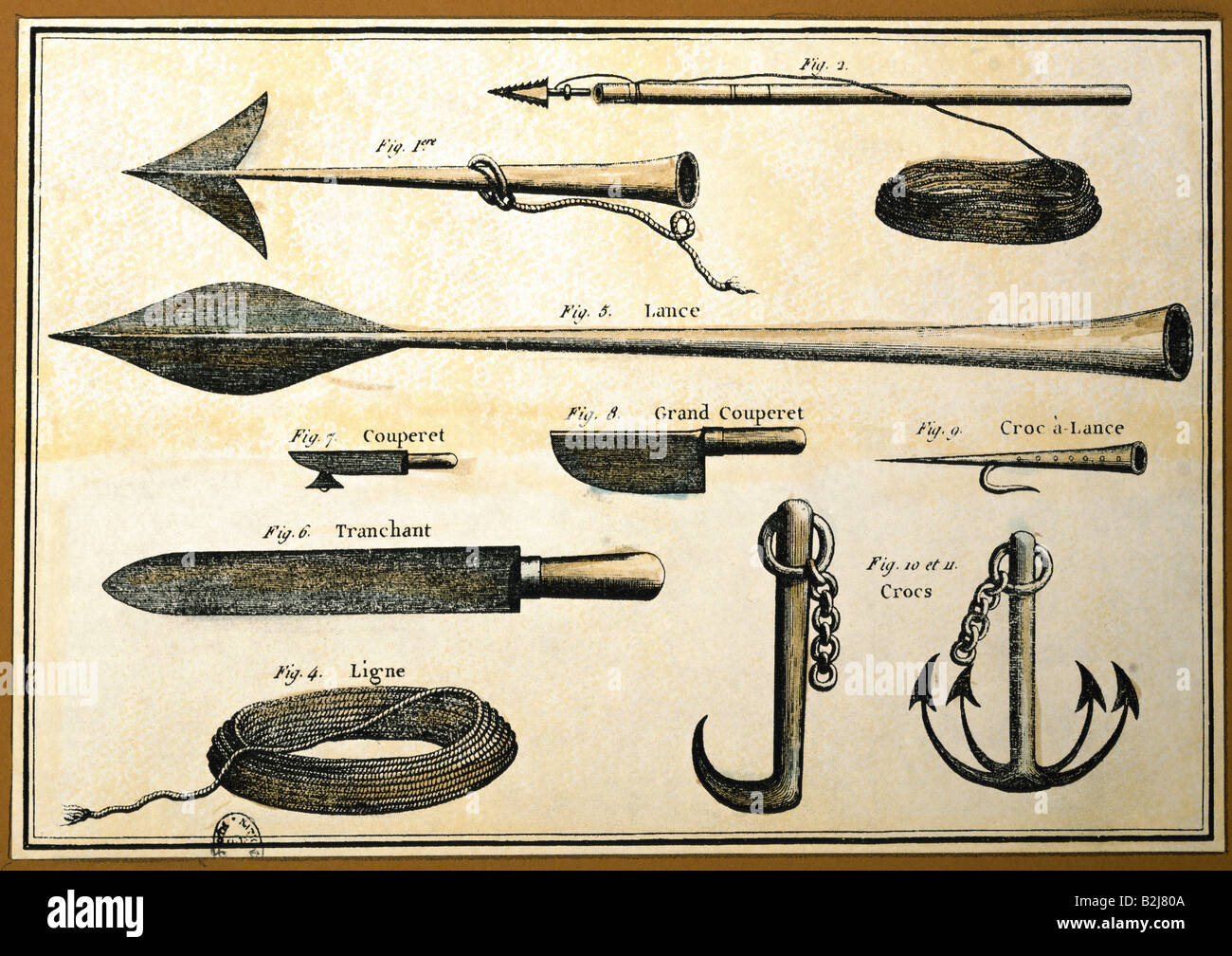 Pesca, caza de ballenas, instrumentos, arpones, cuchillos, ancla