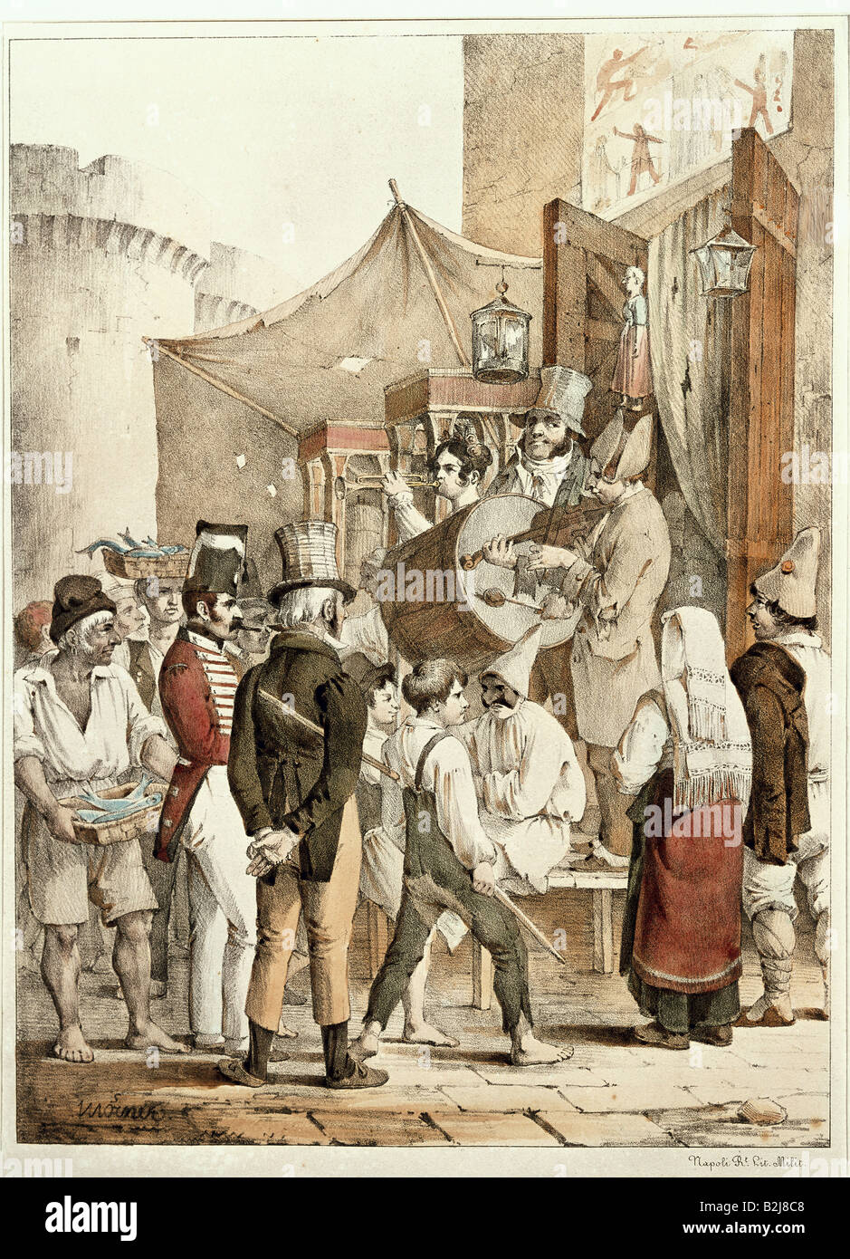 Teatro, teatro de marionetas, 'Puppetry napolitano' ('Trattenimento popolare'), dibujo de plumas de Hjalmar Moerner, Nápoles, circa 1830, colección privada, , Foto de stock