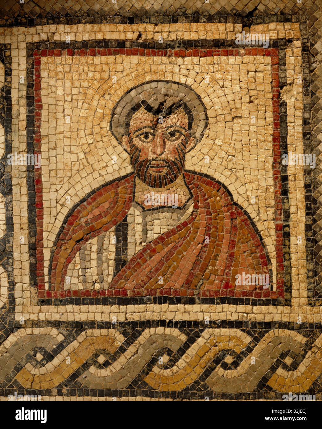 Bellas artes, Edad Media, Jordania, mosaico, retrato de un clérigo, Capilla  del sacerdote Juan, Khirbet Al-Mukhayyat, 562, Monte Nebo-Kh Al-Mukhayyat  Museum, el Copyright del artista no ha de ser borrado Fotografía de