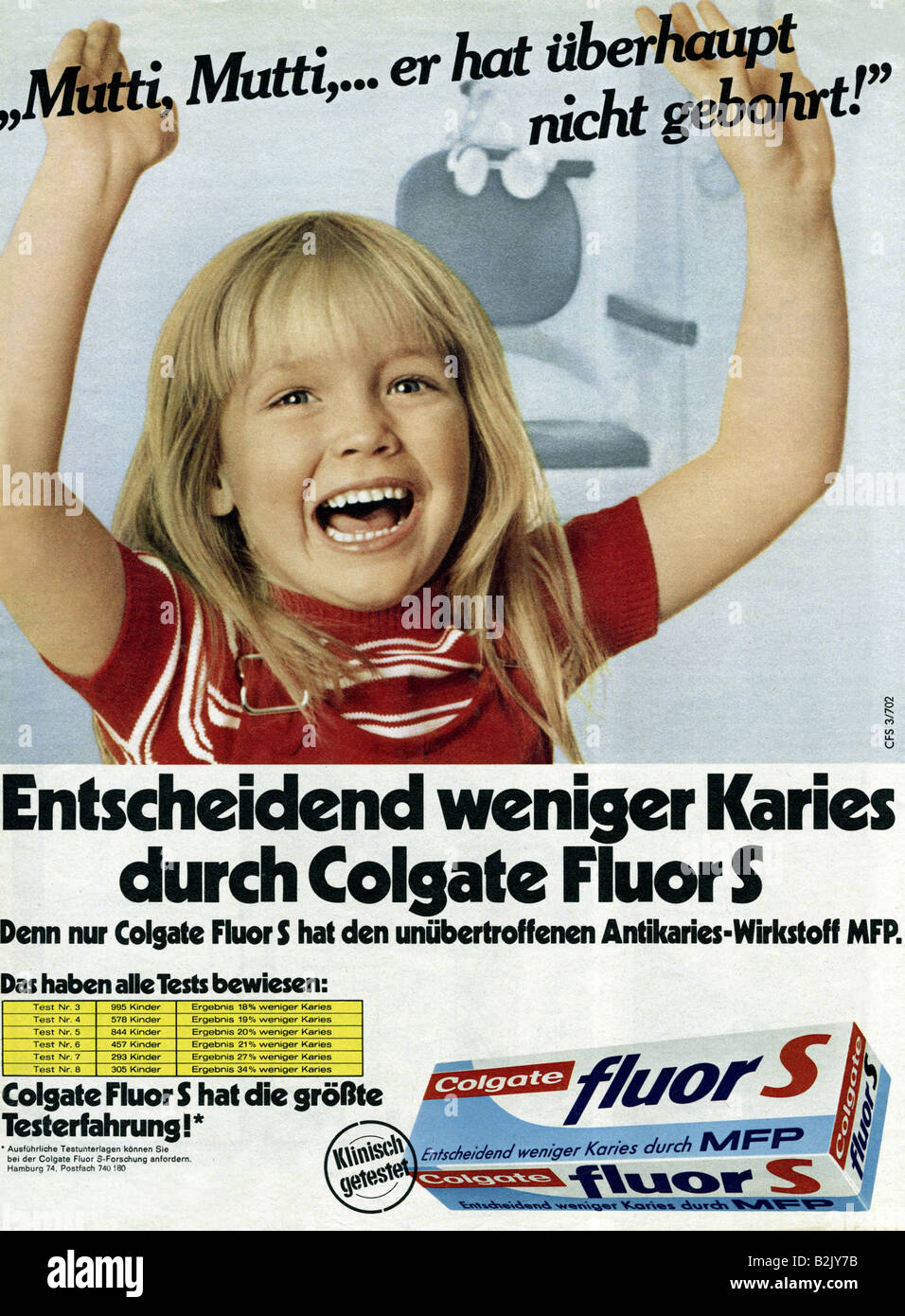 Publicidad, higiene dental, Colgate Fluor S tootpaste, anuncio, 1970, Foto de stock