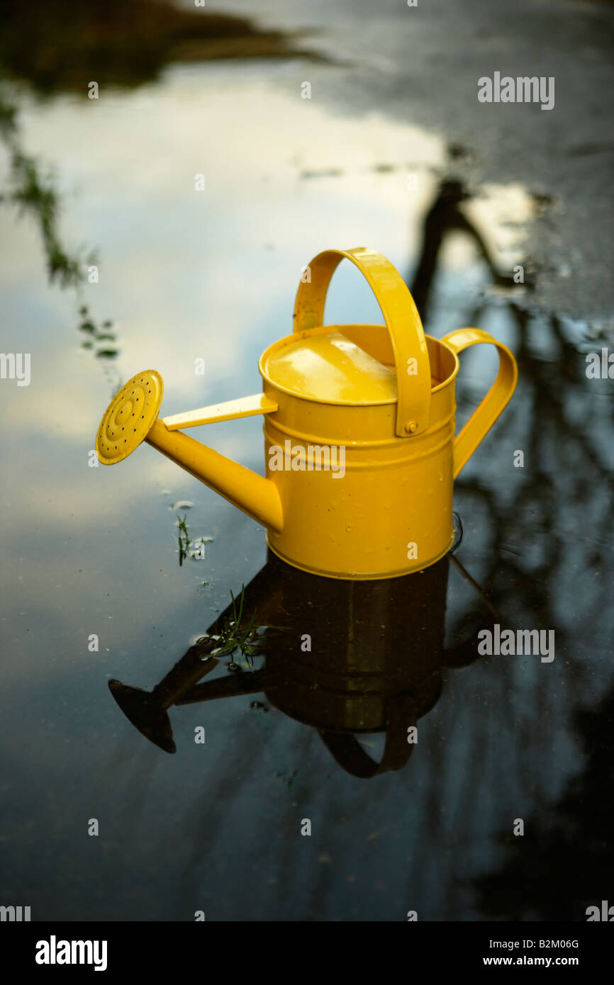 Acero pintado de amarillo regadera en un charco Foto de stock