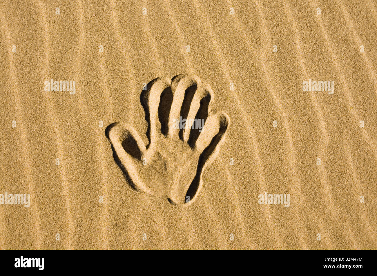 Impresión de mano en la arena Foto de stock