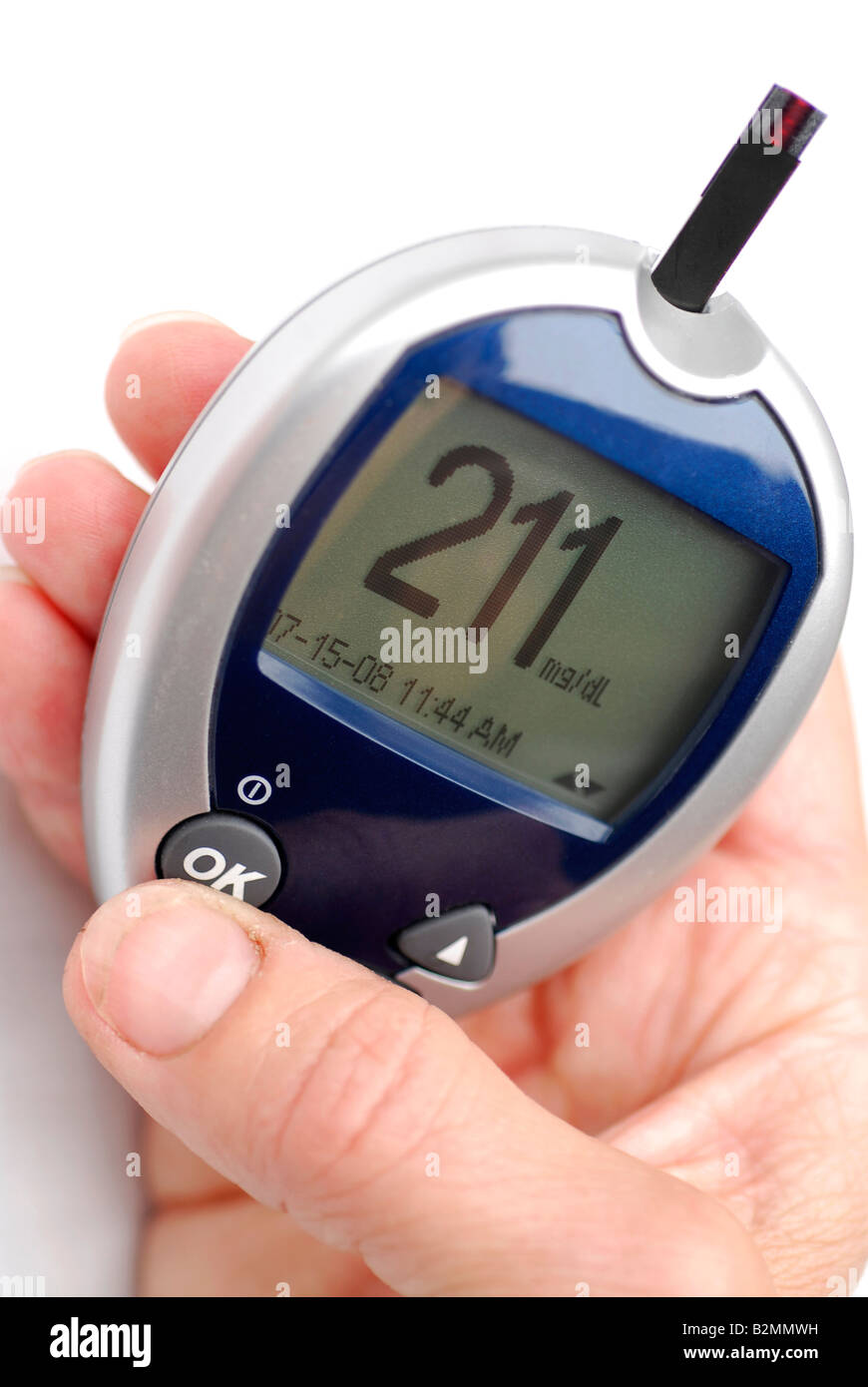 Pruebas de glucosa en la sangre, diabetes medidor mostrando el