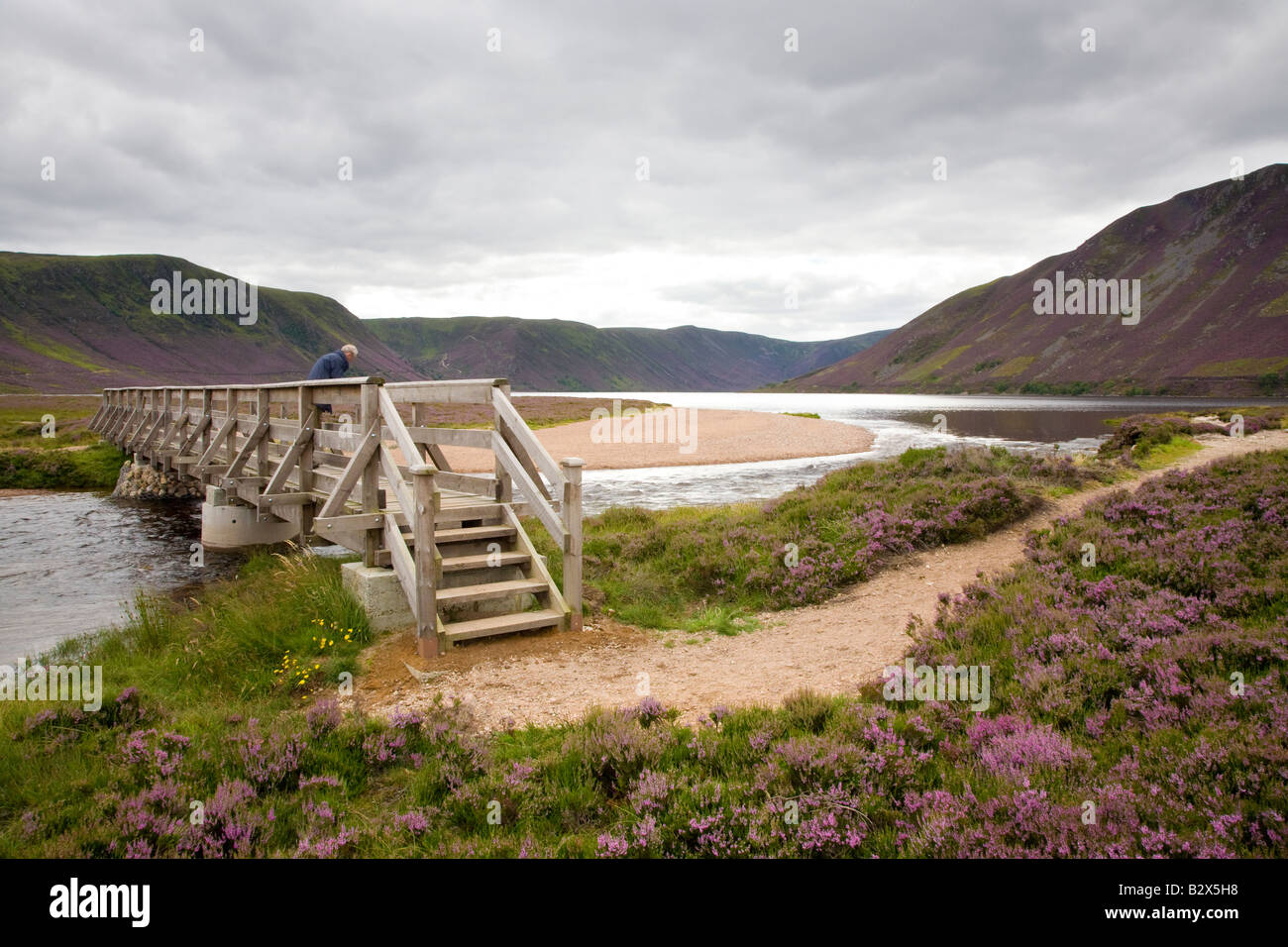 Puente peatonal de madera en Balmoral Estate, Spittal de Glen Muick, Lochnagar Moorland, Ballater, Aberdeenshire, Parque Nacional Cairngorms, Escocia reino unido Foto de stock