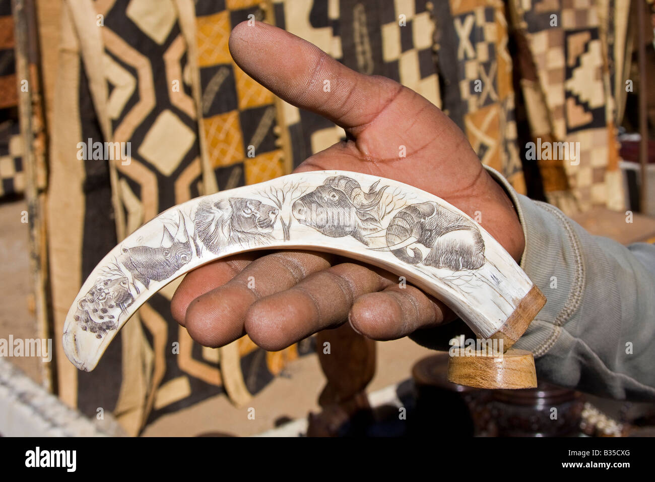 Artesano local muestra su arte scrimshaw tallado en un colmillo de jabalí en Swakopmund popular localidad turística en Namibia Foto de stock