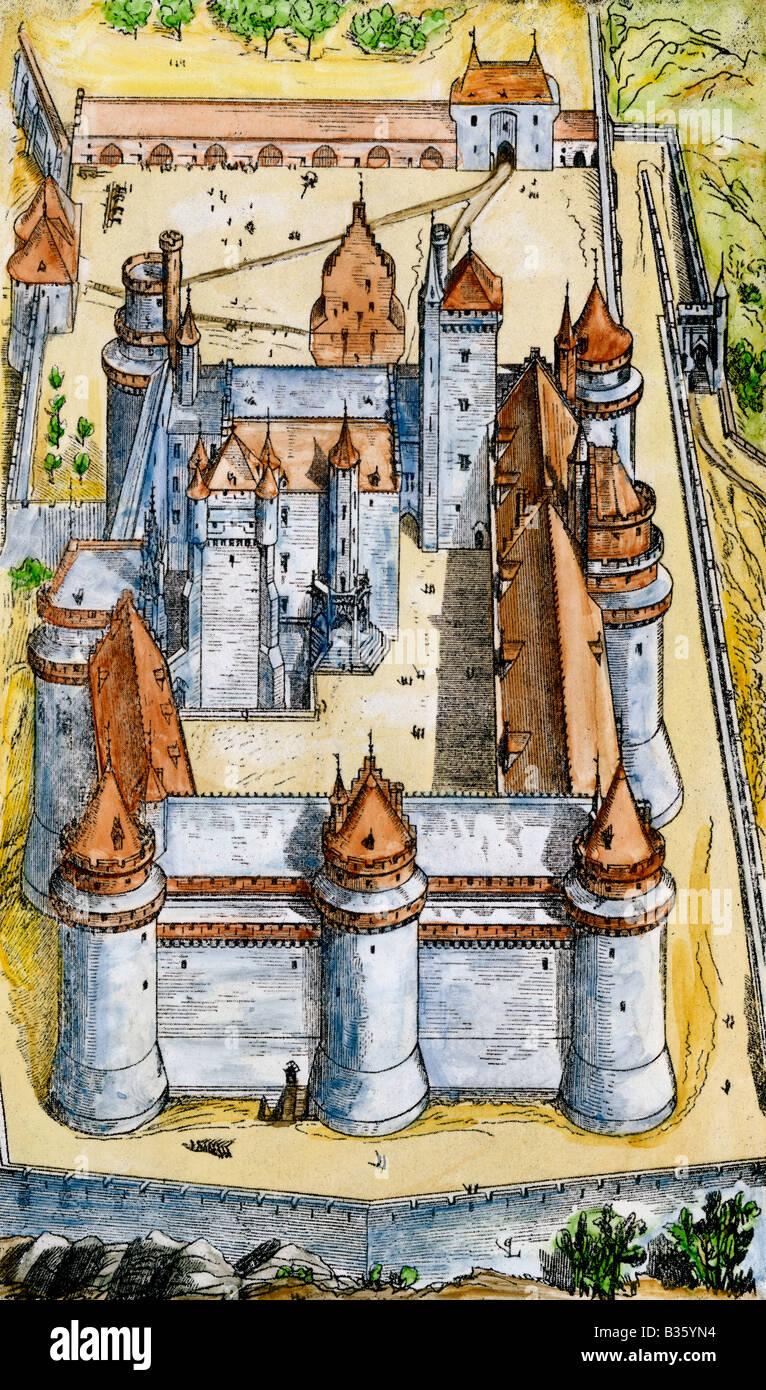 Castillo de PIERREFONDS construido alrededor de 1400, el restablecimiento por Viollet le Duc 1858. Xilografía coloreada a mano Foto de stock
