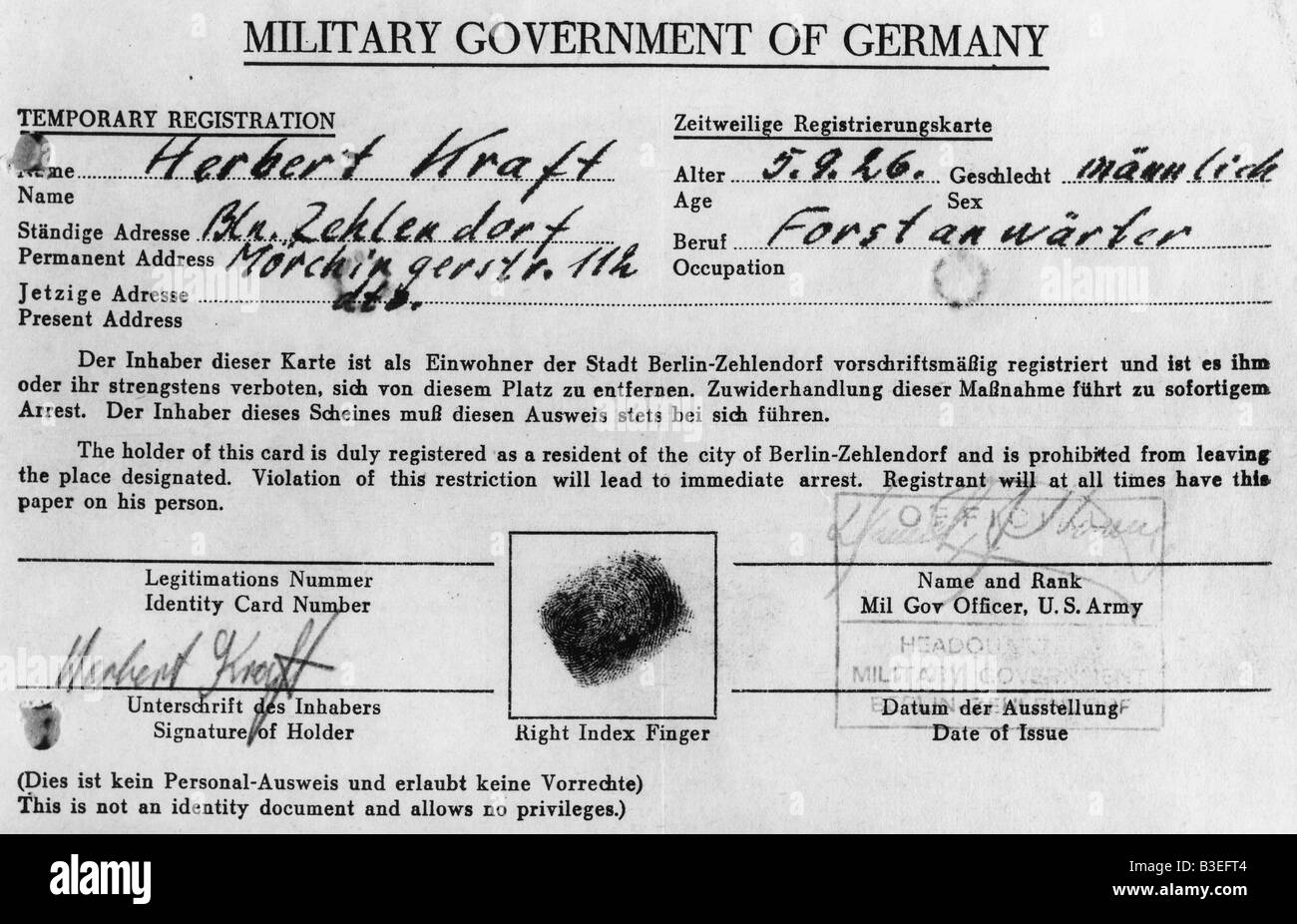 Tarjeta de identificación / Berlín / 1945 Foto de stock