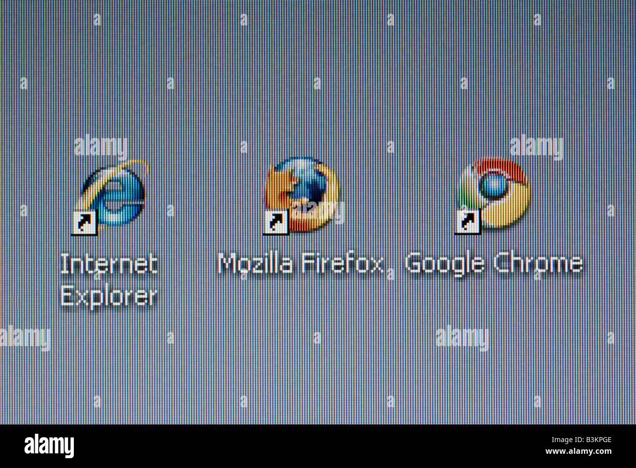 La batalla de los navegadores concepto una captura de pantalla del escritorio con Internet Explorer, Mozilla Firefox y Google Chrome nuevos iconos del explorador Foto de stock
