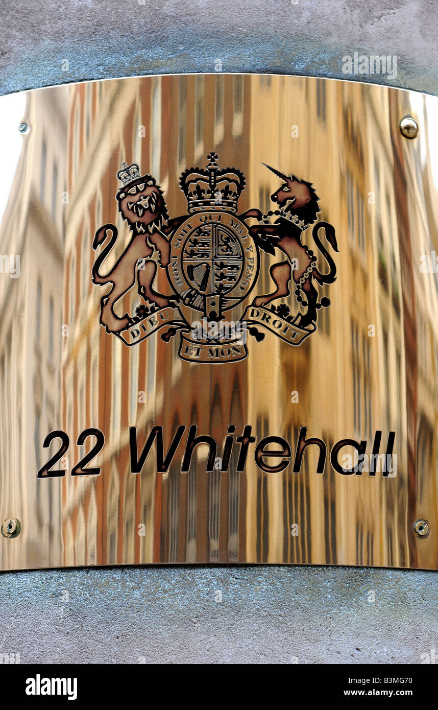 Placa de bronce en 22 Whitehall, Londres, Inglaterra Foto de stock