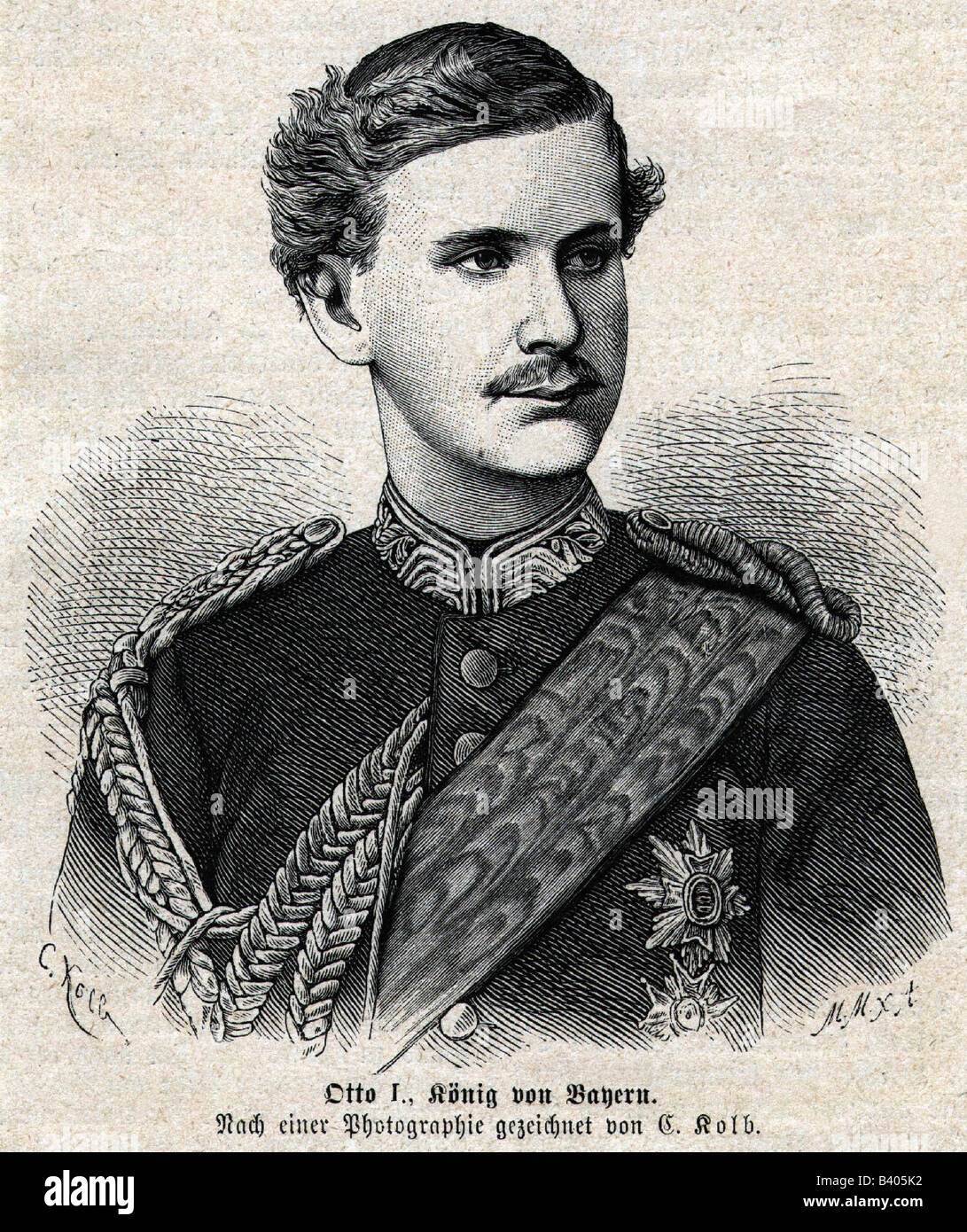 Otto I., 27.4.1848 - 11.10.1916, Rey de Baviera 13.6.1886 - 5.11.1913, retrato, grabado en madera después de dibujar por Carl Kolb, circa 1886, , Foto de stock