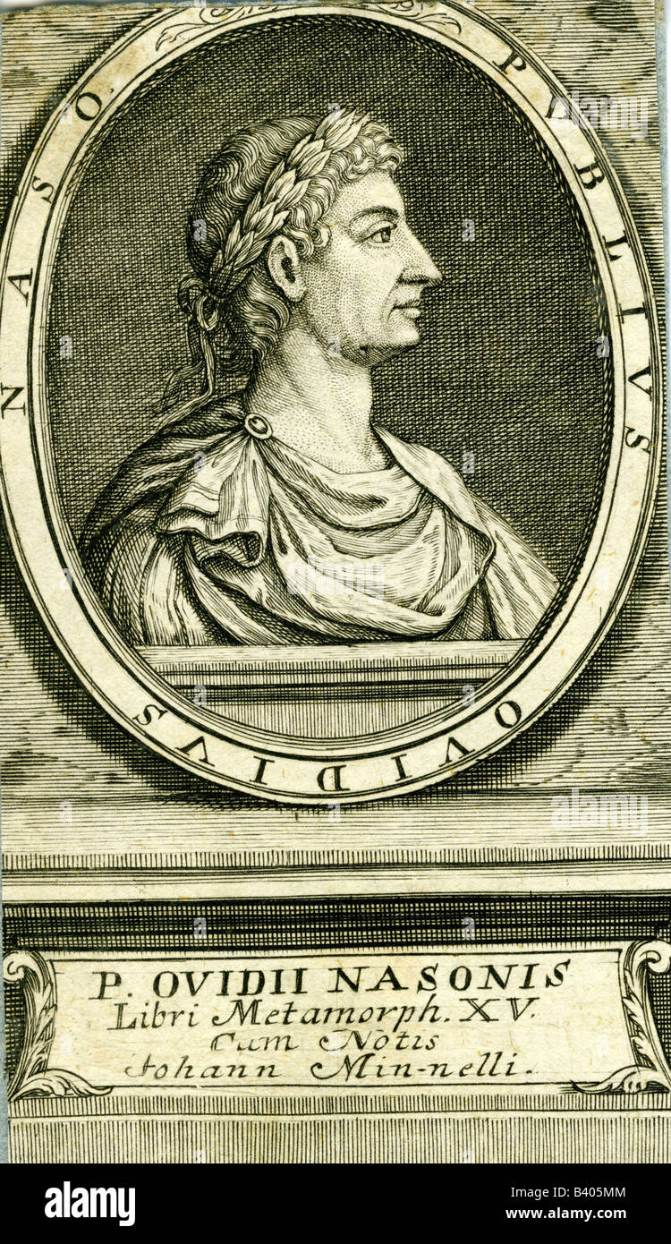 Ovidio (Publius Ovidius Naso), 43 BC - 17 AD, autor/wtiter romano, retrato, vista lateral, grabado por Mentzel, Leipzig, finales del siglo XVII, anciient mundo, literatura, Alemania , Copyright del artista no ha de ser borrado Foto de stock