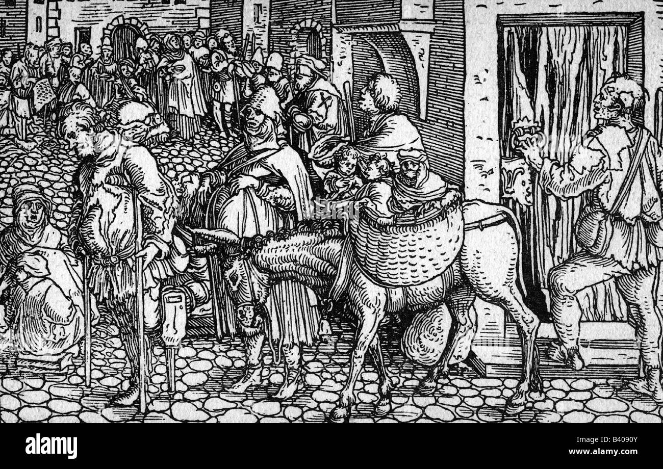 Gente, dificultades / adversidad, Edad Media, mendigos, familia mendigar, madera cortada, por el Maestro del Trostspiegel (espejo de confort), Augsburg, 1532, Foto de stock