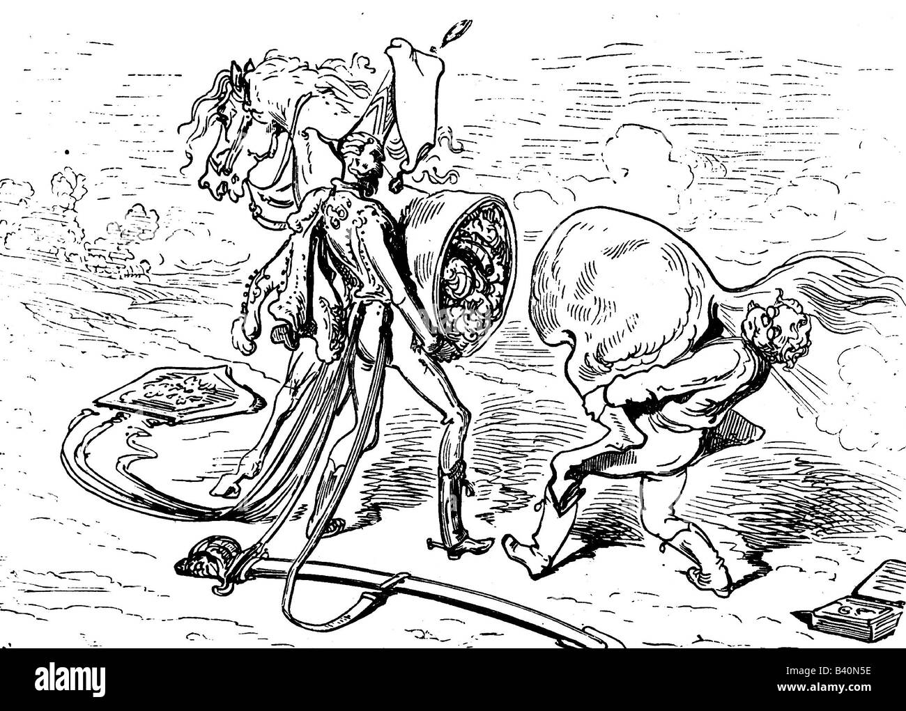 Münchhausen, Barón Karl Friedrich Hieronymus, Freiherr von, 11.5.1720 - 22.2.1797, escena de sus aventuras: Reparación de caballos, grabado de madera siglo 19, Foto de stock
