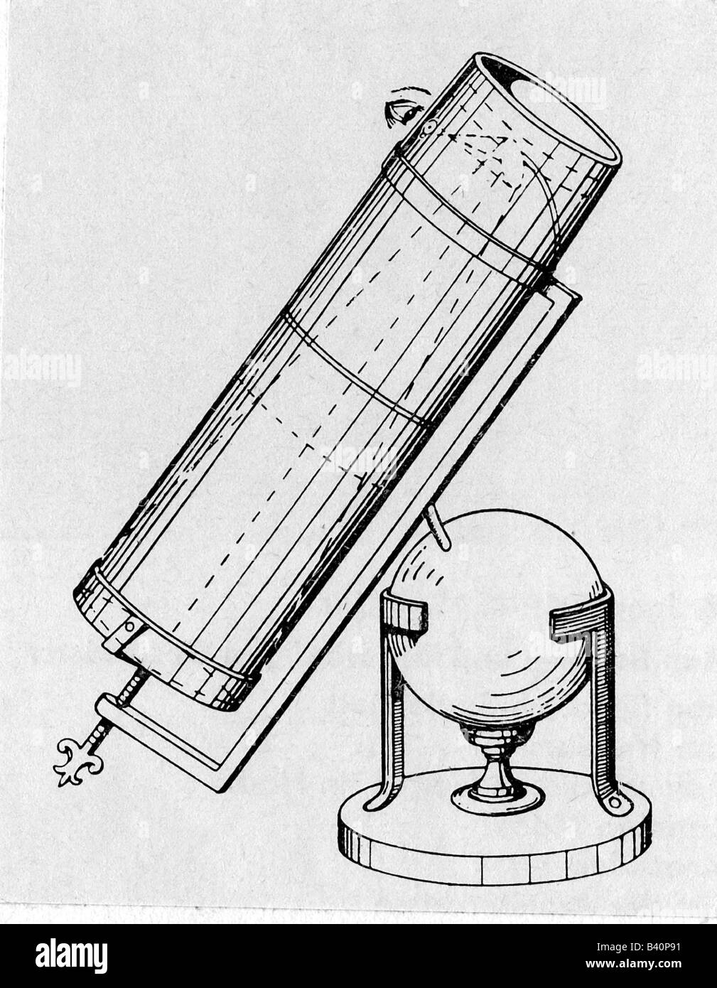 Newton, Isaac Sir, 5.1.1643 - 31.3.1727, físico británico, dibujo original,  su telescopio reflectante, siglo 18 Fotografía de stock - Alamy