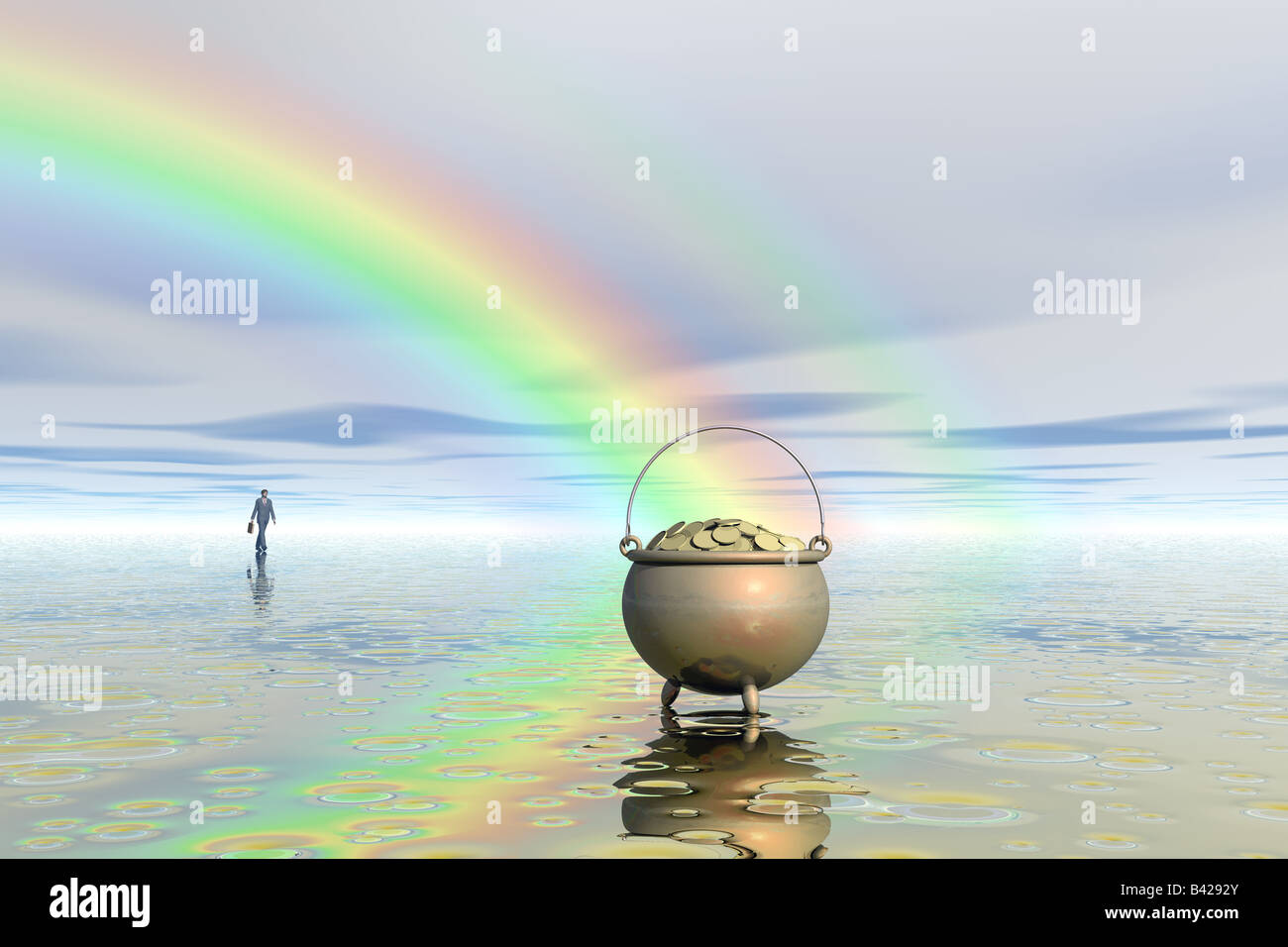 Empresario caminando hacia una olla de oro al final del arco iris Foto de stock