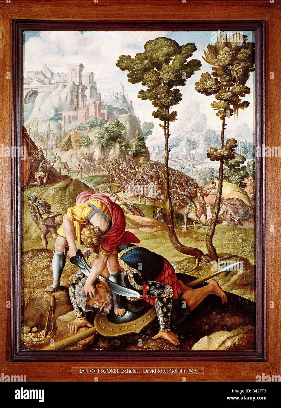 David, rey de los judíos alrededor de 1004 - 965 AC, la mitad de la longitud, pintura, David matando a Goliat, escuela de Jan Scorel, 1538, Foto de stock