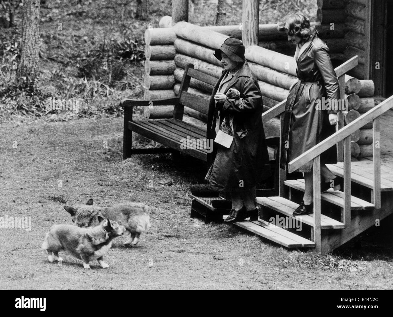 Reina Madre de junio de 1983 y su dama de honor saliendo de ella con su amado corgies Bothey Geordie y Blackie Foto de stock