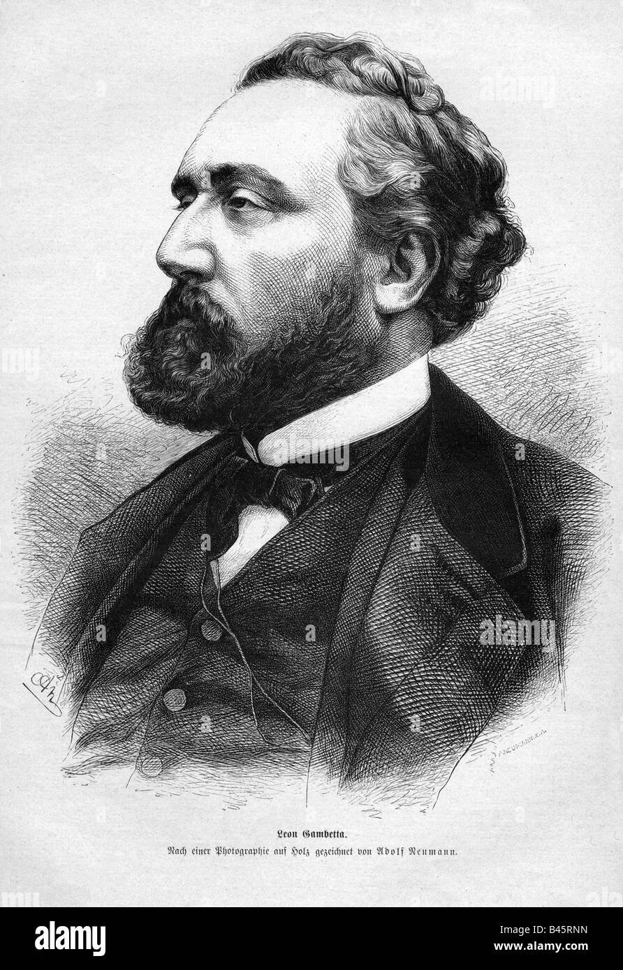 Gambetta, León, 3.4.1838 - 31.12.1882, político francés, retrato, grabado por Adolf Neumann (1825 - 1884), Foto de stock