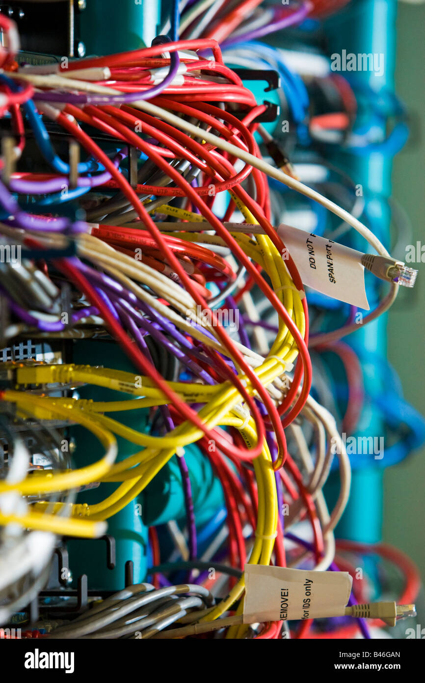Los cables del ordenador - red Ethernet y cables de conexi n en un rack de servidores Foto de stock