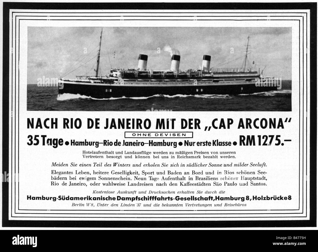 Publicidad, turismo, viajes, viaje a Río de Janeiro, Hamburgo South American Steam Ship Company, anuncio, 'Atlantis', 1936 de mayo, , Foto de stock