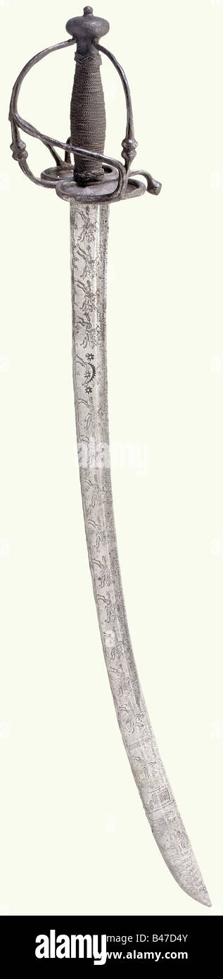 Una espada alemana, de 1695. Una hoja de un solo filo con fullers y un  punto de doble filo ligeramente ampliado. Marcas de media luna estampadas  en ambos lados. Hay 15 jinetes
