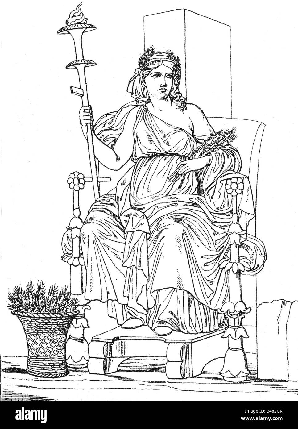 Demeter, diosa griega de grano y fertilidad, dibujo, siglo 19, después del fresco antiguo, Foto de stock