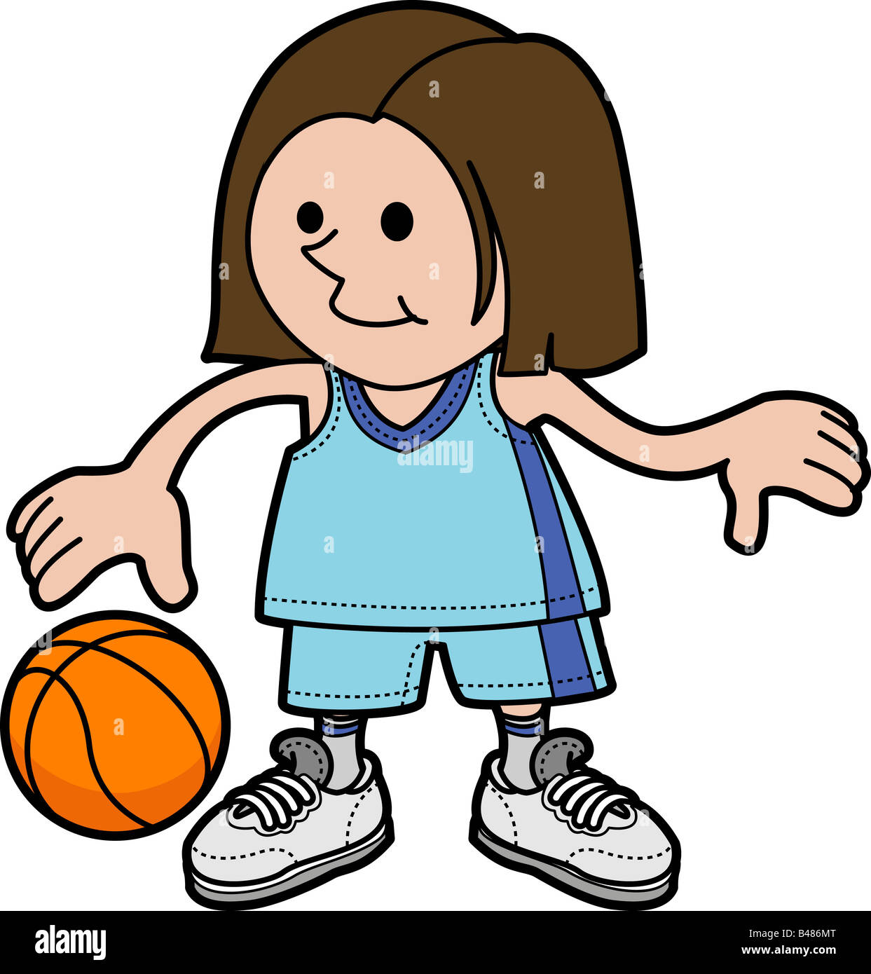 Ilustración de niña jugando baloncesto y pelota rebotando Fotografía de