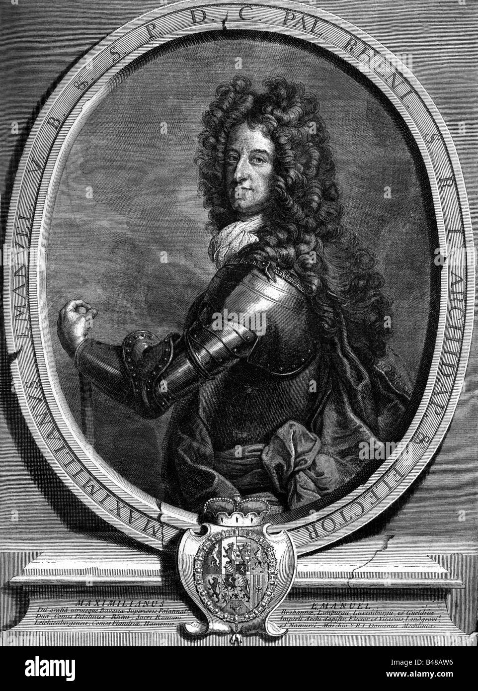 Maximilian II. Emanuel, 11.7.1662 - 26.2.1726, príncipe elector de Baviera 26.5.1679 - 26.2.1726, grabado en cobre por C. Vermeulen, , Copyright del artista no ha de ser borrado Foto de stock
