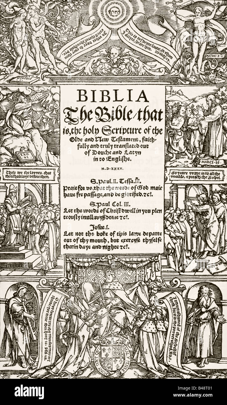 Título de la Biblia de Coverdale, impreso en 1535. Foto de stock