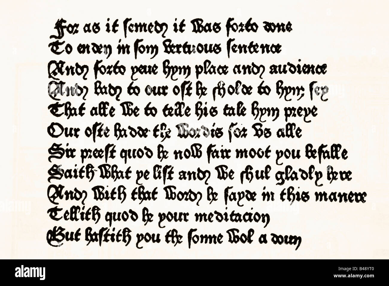 La página de los cuentos de Canterbury impreso por William Caxton en 1476. Foto de stock