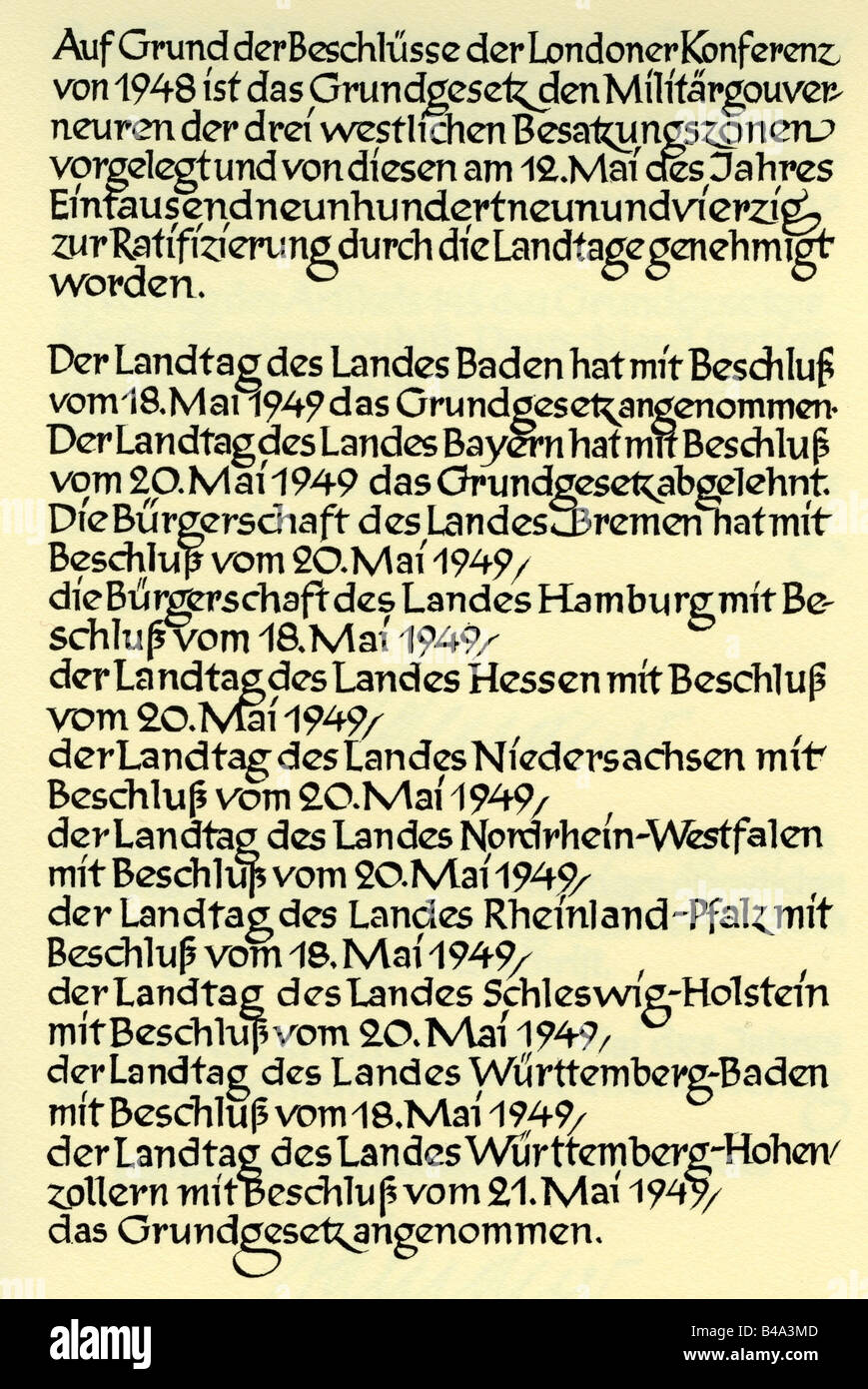 Justicia, ley / leyes, constitución / constituciones, 'Grundgesetz für die Bundesrepublik Deutschland', (Ley fundamental para la República Federal de Alemania), (GG), promulgación, facsímil, 23.5.1949, Foto de stock