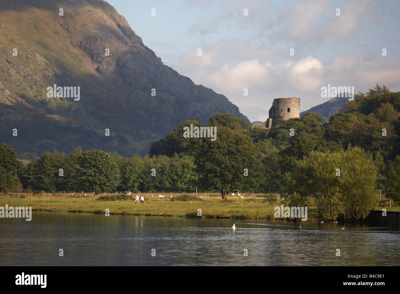 A lo largo de Llyn Padarn Castillo Dolbadarn, Snowdonia, Gales Foto de stock