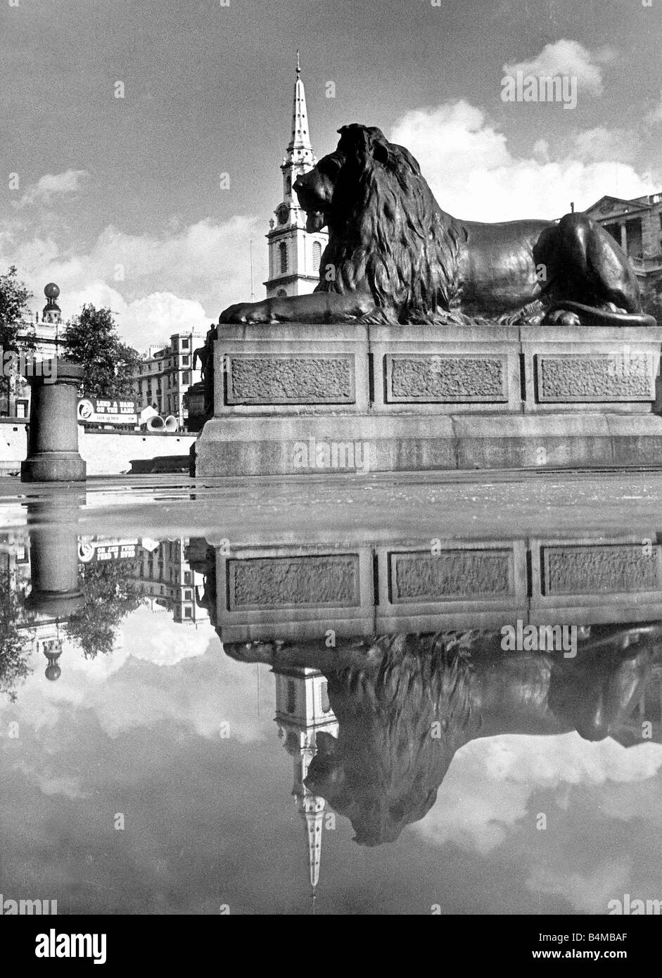 Londres, Inglaterra, de octubre de 1945 Trafalgar Square Londres opiniones de la Post Guerra de los Leones por el escultor Edwin Landseer sentarse orgullosamente en Trafalgar Square con St Martins en los campos y la Galería Nacional de la Iglesia en el fondo Foto de stock